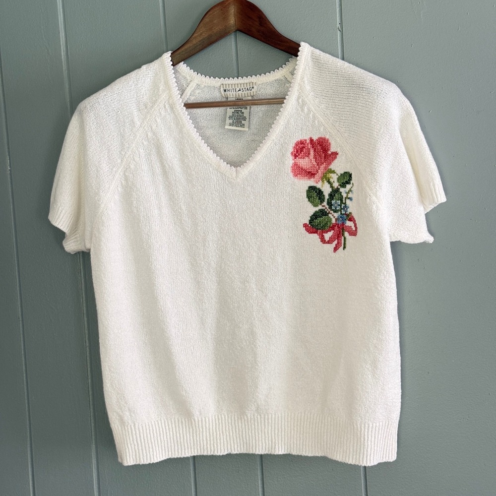 Vtg White Stag Artic White Short Sleeve Sweater XL Rose Cross Stitch Floral Knit